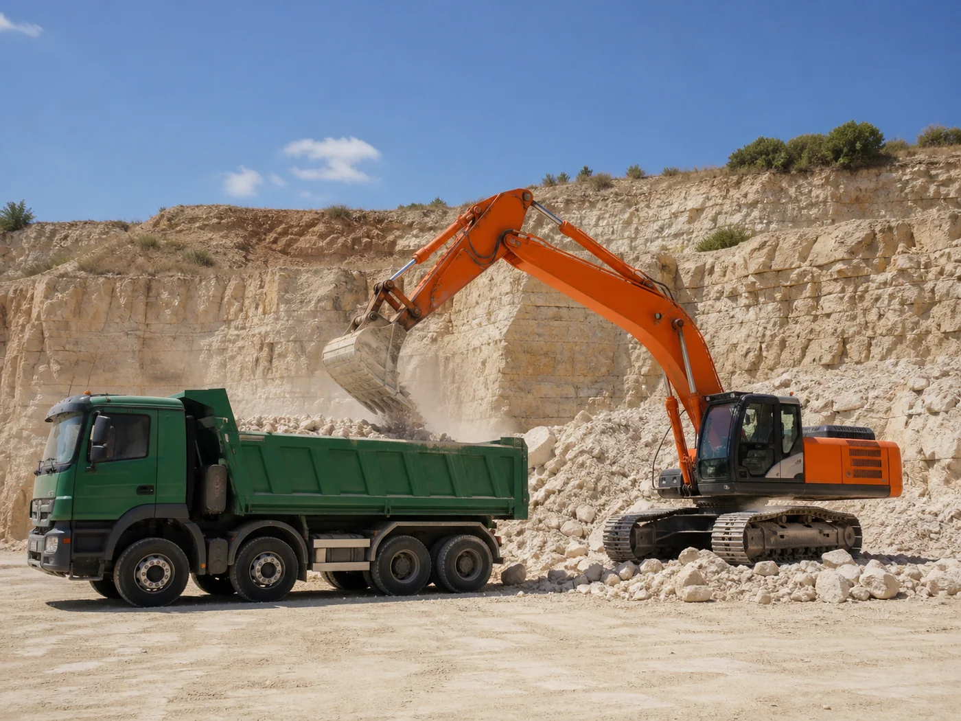 Escavatore arancione che carica materiale calcareo su un autocarro verde